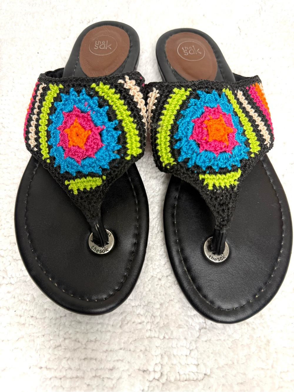 The Sak Multicolor Crochet Floral Thong Sandals Black Boho